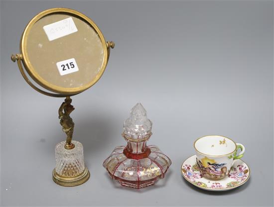 An early Herend cup and saucer overlaid glass scent bottle and a gilt glass mirror